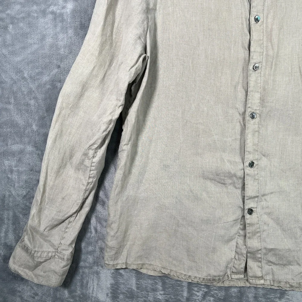James Perse 100% Linen Button Up Shirt Mens Large 3 Beige Khaki Long Sleeve